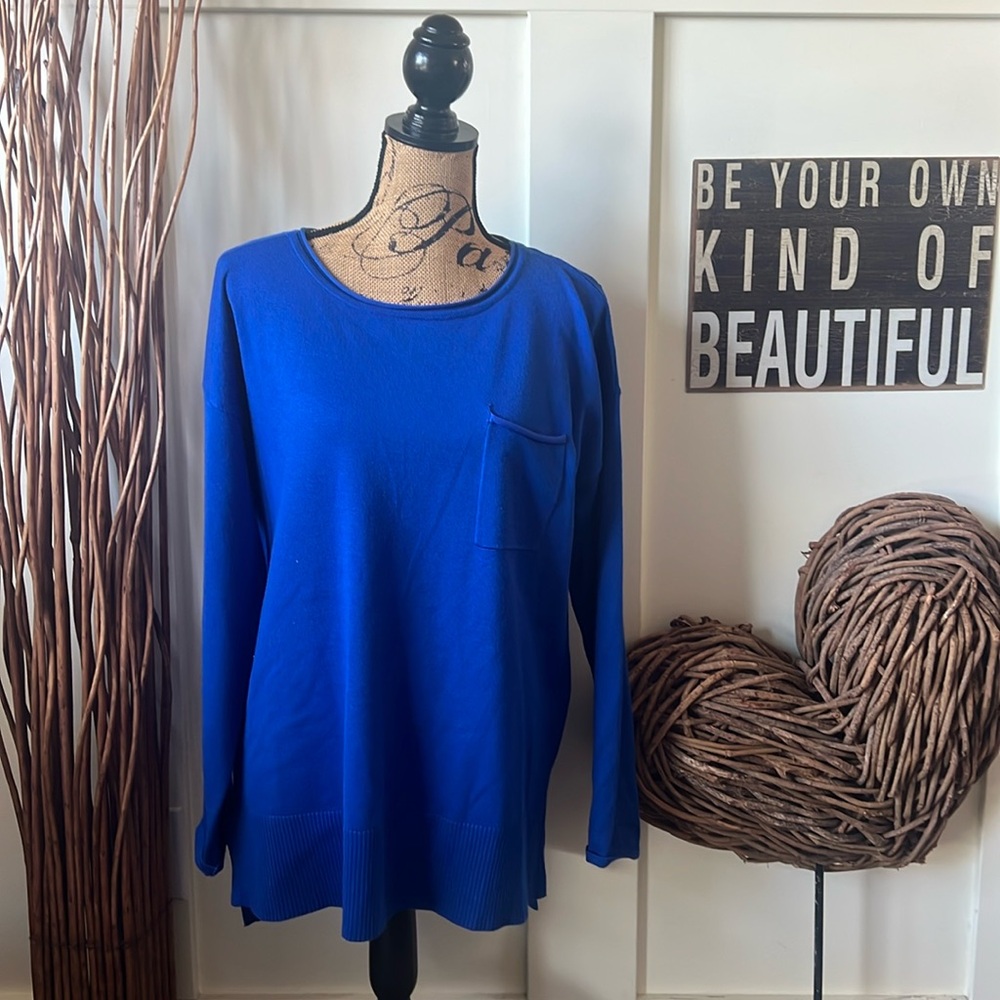 Cable & Gauge Brilliant Blue Rolled Neck Sweater W/Pocket
